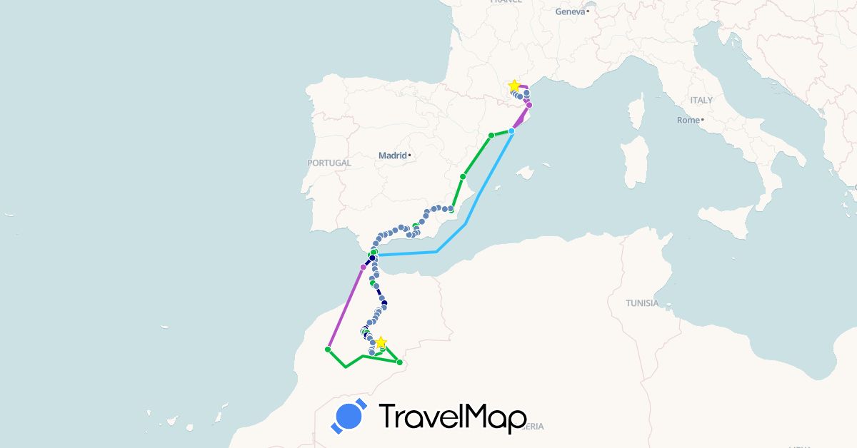 TravelMap itinerary: driving, bus, cycling, train, boat in Spain, France, Morocco (Africa, Europe)
